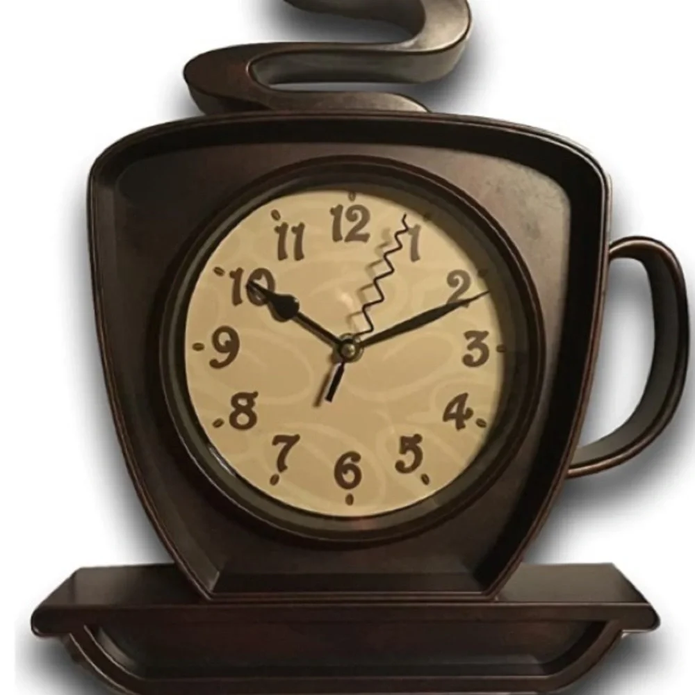Coffee Cup Cappuccino Clock Battery Operated Wall Clock or Freestanding Brown